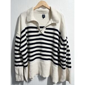 Gap Sweater XXL 100% Cotton Knit Collar Striped Navy Blue Ivory Nautical Preppy